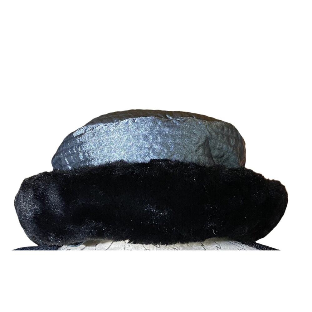 NILS Womens Twee Shiny Silver Blue Cuff Ear Black Fur Trim Nylon Lined Hat